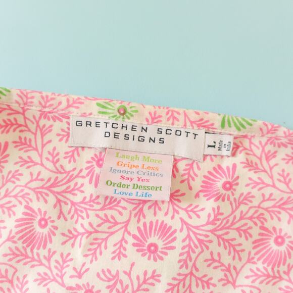 Gretchen Scott Okeefe Pink Green Trim Pattern Tunic Top Size Large 100% Cotton - Picture 3 of 7